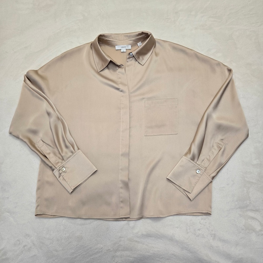 Vince Womens Champagne Beige Satin Relaxed Cropped Button Down Blouse Medium M - Picture 16 of 16